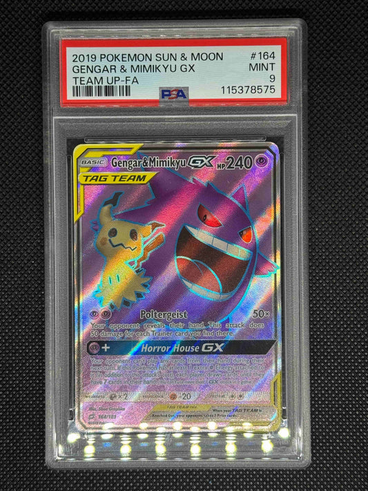gengarandmimikyuGX in a PSA 9 slab with the set, card number, ID, and barcode.
