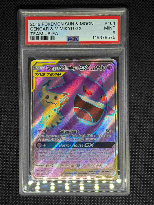 gengarandmimikyuGX in a PSA 9 slab with the set, card number, ID, and barcode.