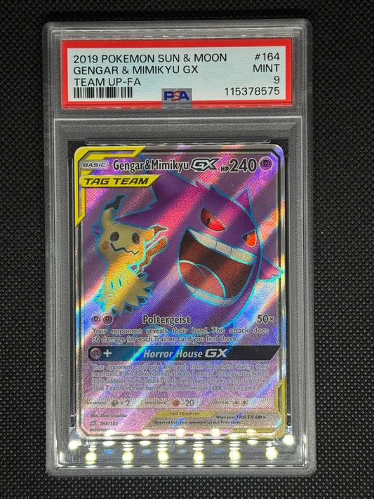 gengarandmimikyuGX in a PSA 9 slab with the set, card number, ID, and barcode.
