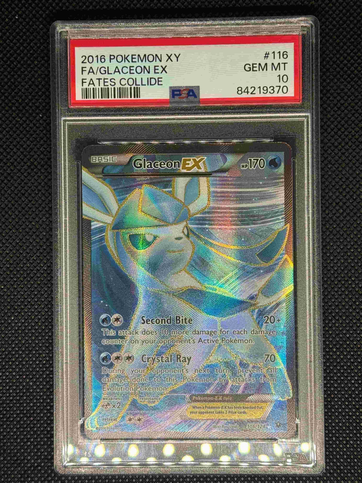 Glaceon EX full art from Fates Collide in a PSA 10 slab with the set, card number, ID, and barcode.