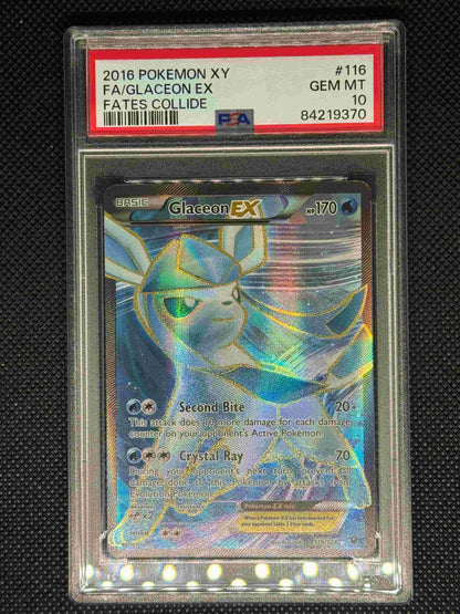 Glaceon EX full art from Fates Collide in a PSA 10 slab with the set, card number, ID, and barcode.