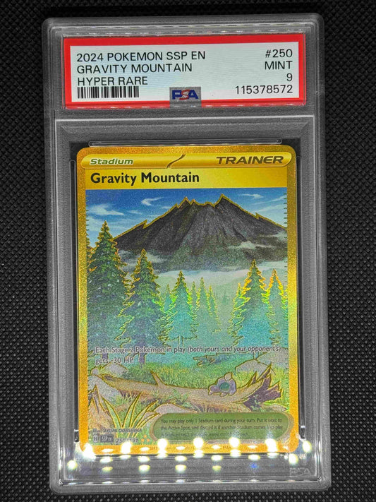 gravity mountain hyper rare in a PSA 9 slab with the set, card number, ID, and barcode.