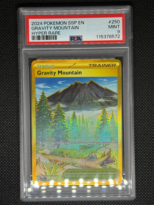 gravity mountain hyper rare in a PSA 9 slab with the set, card number, ID, and barcode.