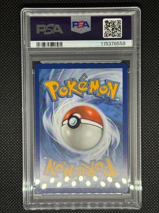 Pokémon trading card in a PSA protective case. Including barcode, QR code, and ID number.