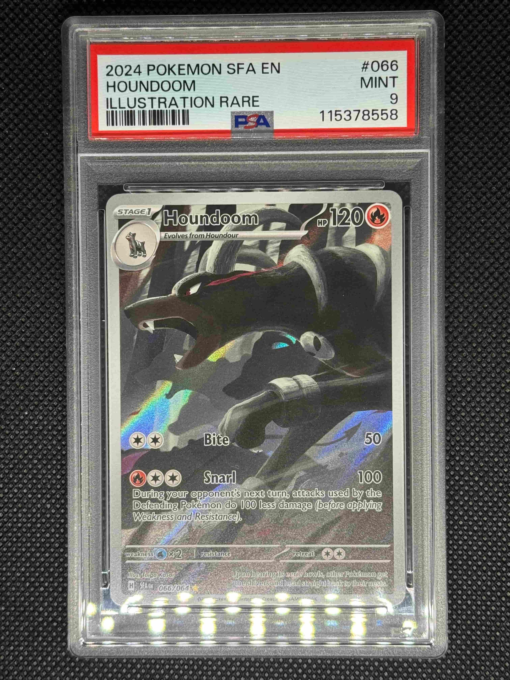 houndoom from Shrouded fable illustration rare in a PSA 9 slab with the set, card number, ID, and barcode.