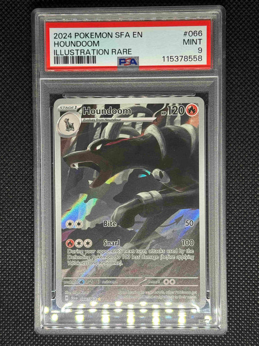 houndoom from Shrouded fable illustration rare in a PSA 9 slab with the set, card number, ID, and barcode.