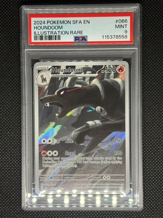 houndoom from Shrouded fable illustration rare in a PSA 9 slab with the set, card number, ID, and barcode.