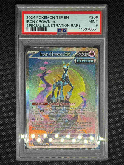 Iron Crown ex SIR in a PSA 9 slab with the set, card number, ID, and barcode.