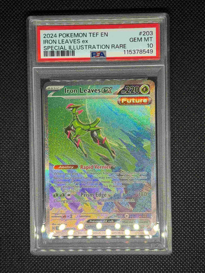 Iron Leaves SIR in a PSA 10 slab with the set, card number, ID, and barcode.