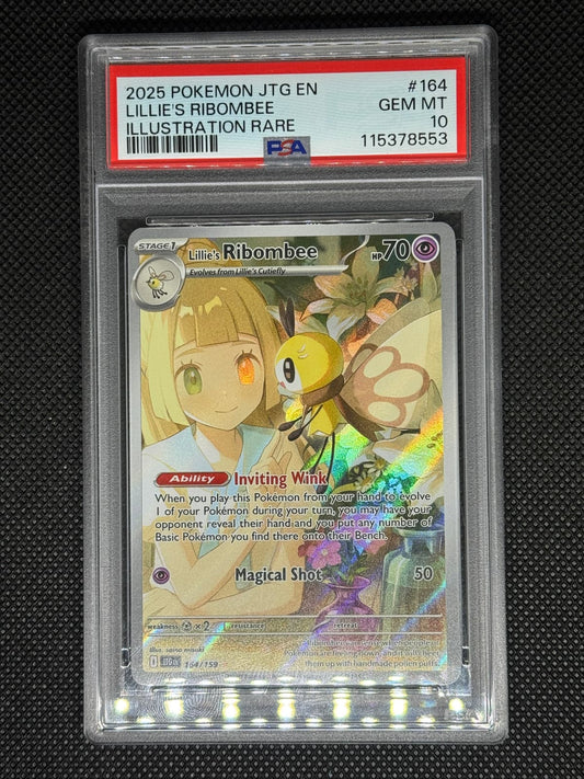 Lillie's Ribombee illustration rare in a PSA 10 slab with the set, card number, ID, and barcode.