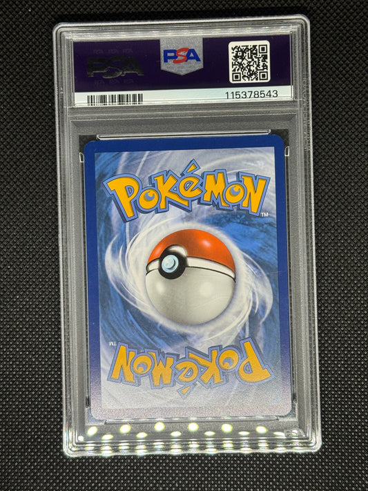 Pokémon trading card in a protective case with PSA logo, QR code, and Barcode.