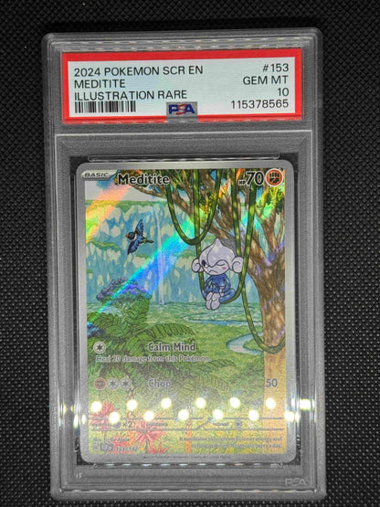 Meditite illustration rare card in a PSA 10 slab with the set, card number, ID, and barcode.