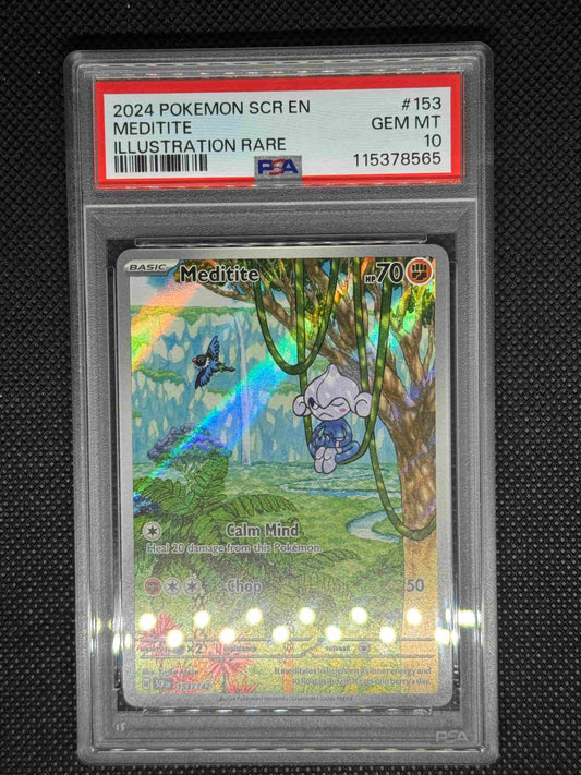 Meditite illustration rare card in a PSA 10 slab with the set, card number, ID, and barcode.