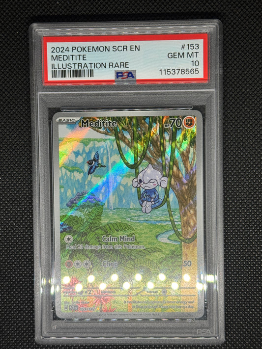 Meditite illustration rare card in a PSA 10 slab with the set, card number, ID, and barcode.