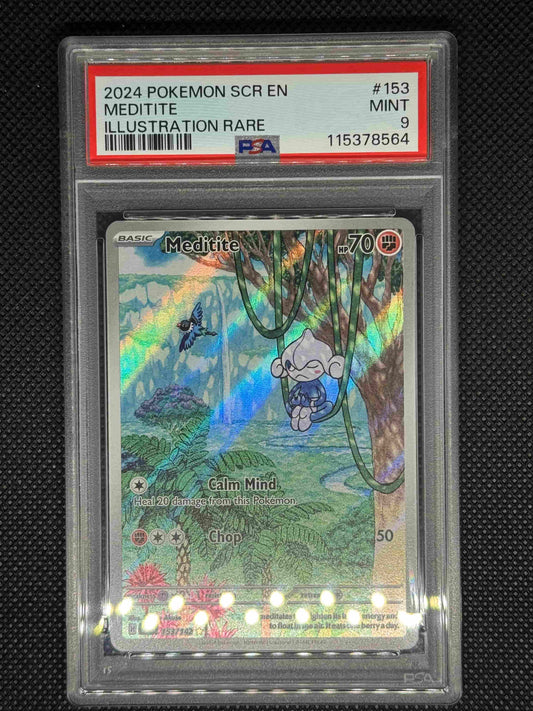 Meditite illustration rare card in a PSA 9 slab with the set, card number, ID, and barcode.