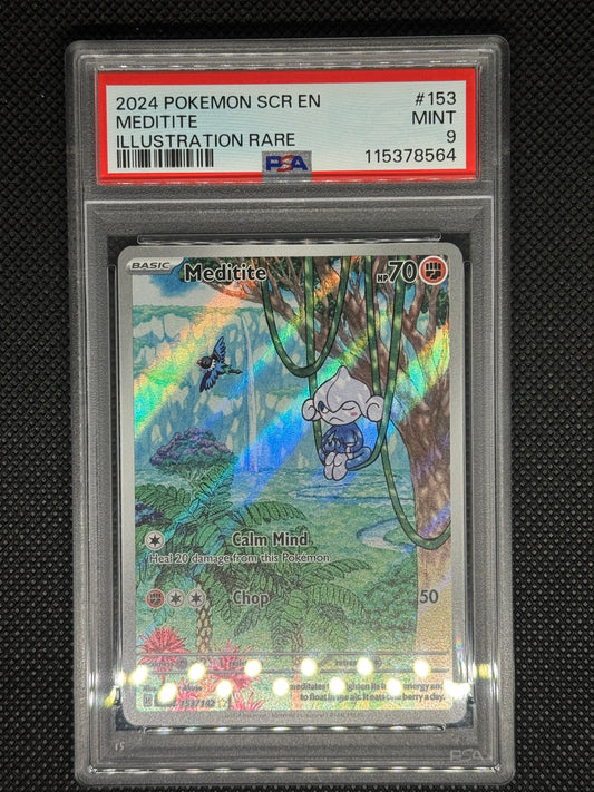 Meditite illustration rare card in a PSA 9 slab with the set, card number, ID, and barcode.