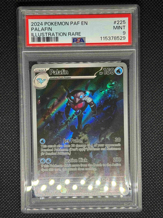 Palafin illustration rare in a PSA 9 slab with the set, card number, ID, and barcode.