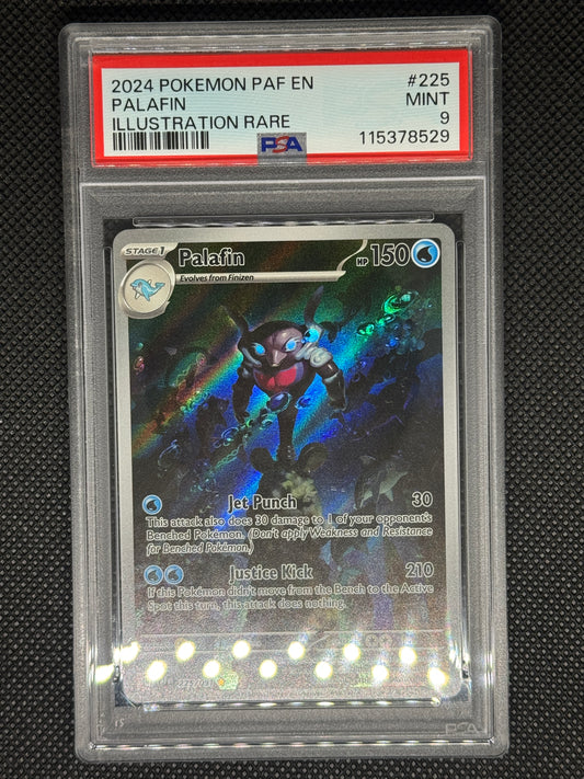 Palafin illustration rare in a PSA 9 slab with the set, card number, ID, and barcode.