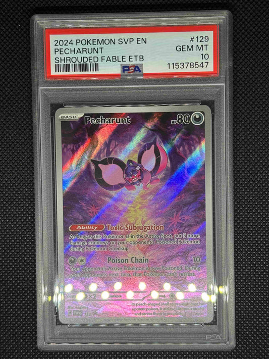 Pecharunt promo in a PSA 9 slab with the set, card number, ID, and barcode.