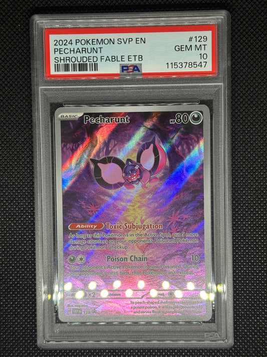Pecharunt promo in a PSA 9 slab with the set, card number, ID, and barcode.