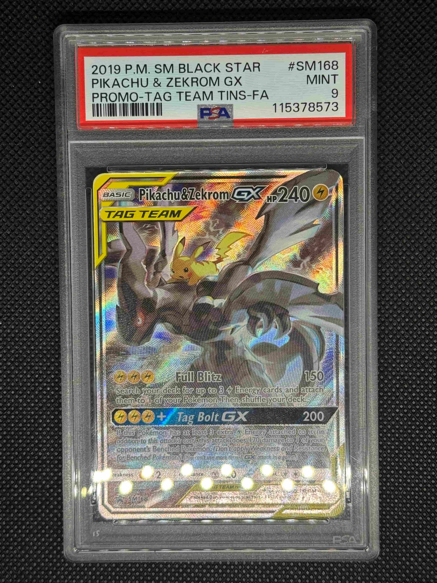 Pikachu and Zekrom in protective case with a visible grading PSA 9 label with the ID nuber, set, card number, and barcode.