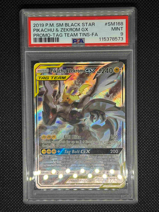 Pikachu and Zekrom in protective case with a visible grading PSA 9 label with the ID nuber, set, card number, and barcode.