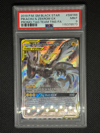 Pikachu and Zekrom in protective case with a visible grading PSA 9 label with the ID nuber, set, card number, and barcode.