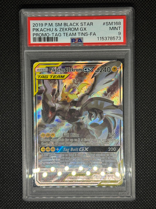 Pikachu and Zekrom in protective case with a visible grading PSA 9 label with the ID nuber, set, card number, and barcode.