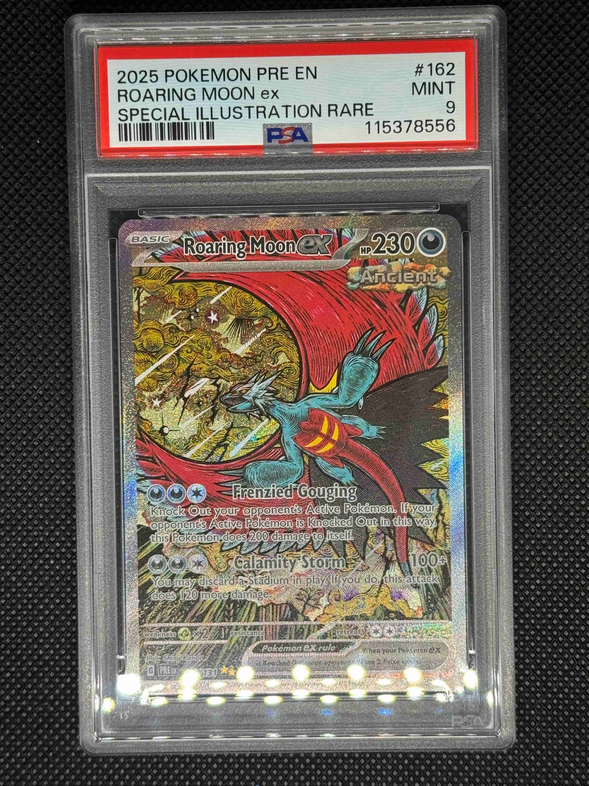 RoaringMoonEX in a PSA 9 slab with the set, card number, ID, and barcode.