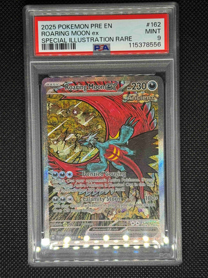 RoaringMoonEX in a PSA 9 slab with the set, card number, ID, and barcode.