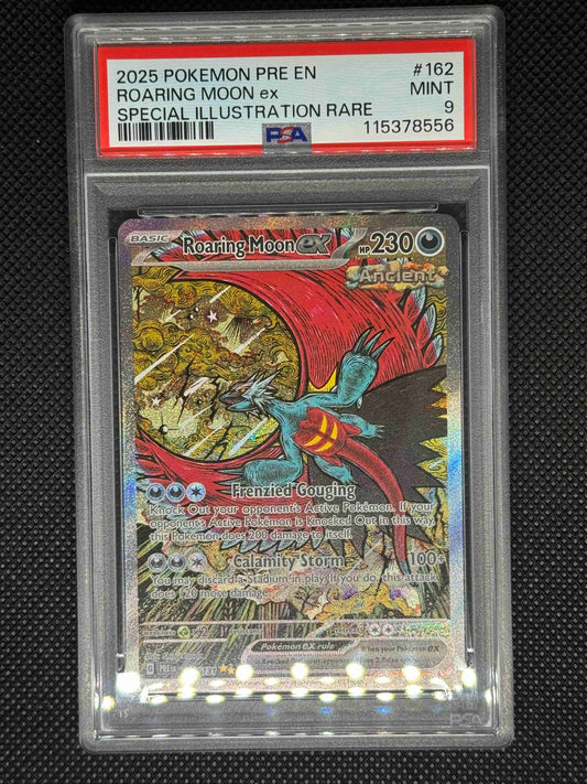 RoaringMoonEX in a PSA 9 slab with the set, card number, ID, and barcode.
