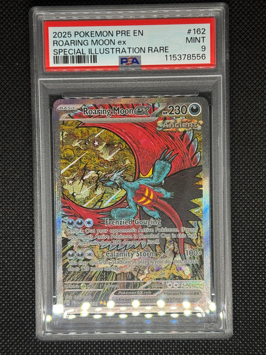 RoaringMoonEX in a PSA 9 slab with the set, card number, ID, and barcode.