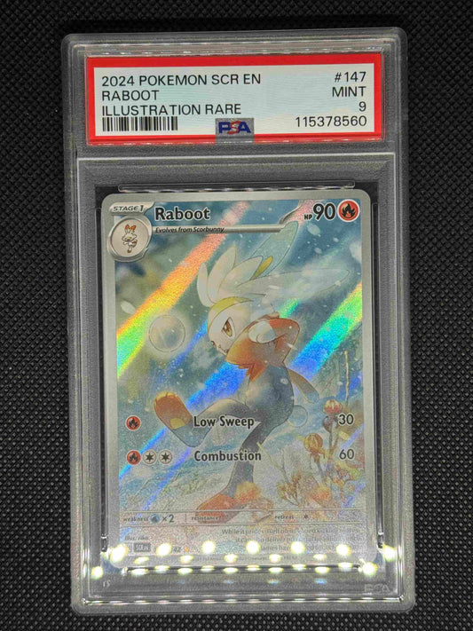 raboot illustration rare in a PSA 9 slab with the set, card number, ID, and barcode.