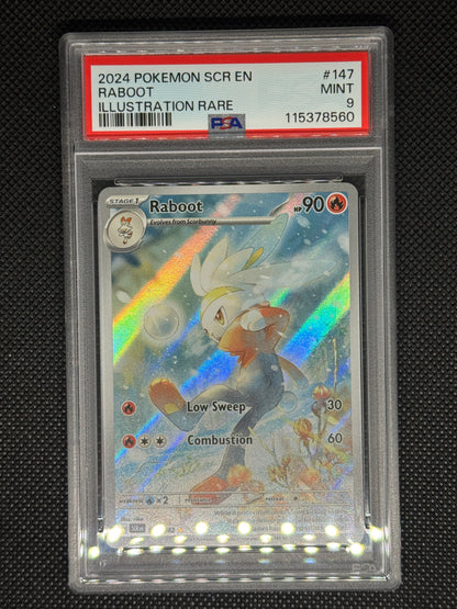 raboot illustration rare in a PSA 9 slab with the set, card number, ID, and barcode.