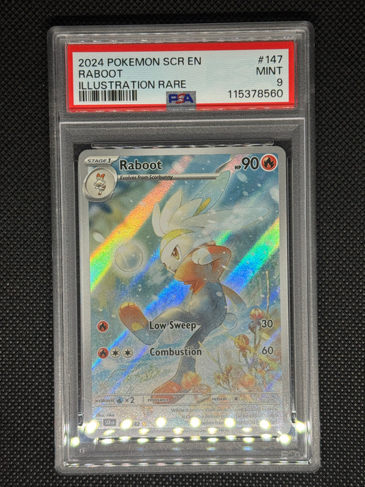 raboot illustration rare in a PSA 9 slab with the set, card number, ID, and barcode.