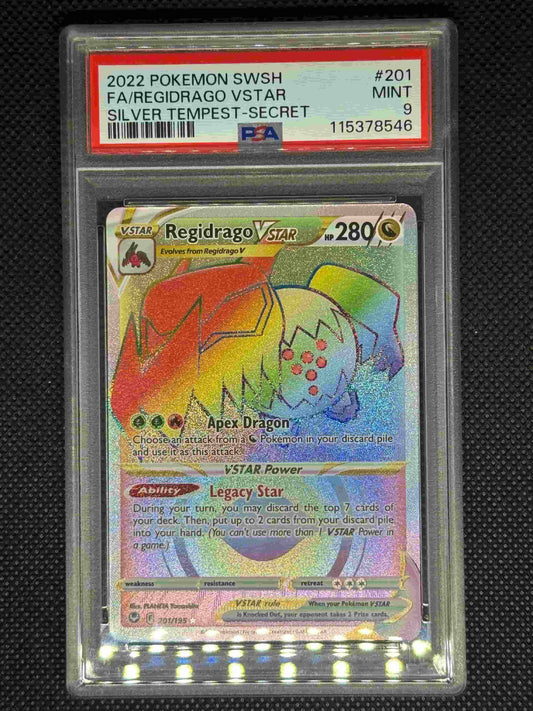 Regidragon Vstar secret rare in a PSA 9 slab with the set, card number, ID, and barcode.