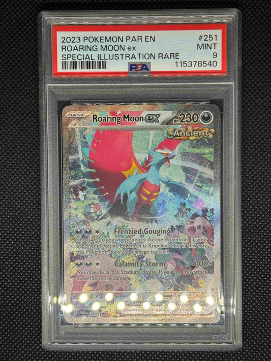 roaringmoonex SIR in a psa9 from paldean fates with ID number, barcode, card number.