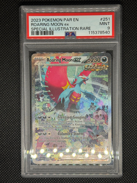 roaringmoonex SIR in a psa9 from paldean fates with ID number, barcode, card number.