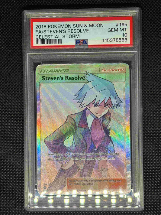 Steven's Resolve Full Art in a PSA 10 slab with the set, card number, ID, and barcode.