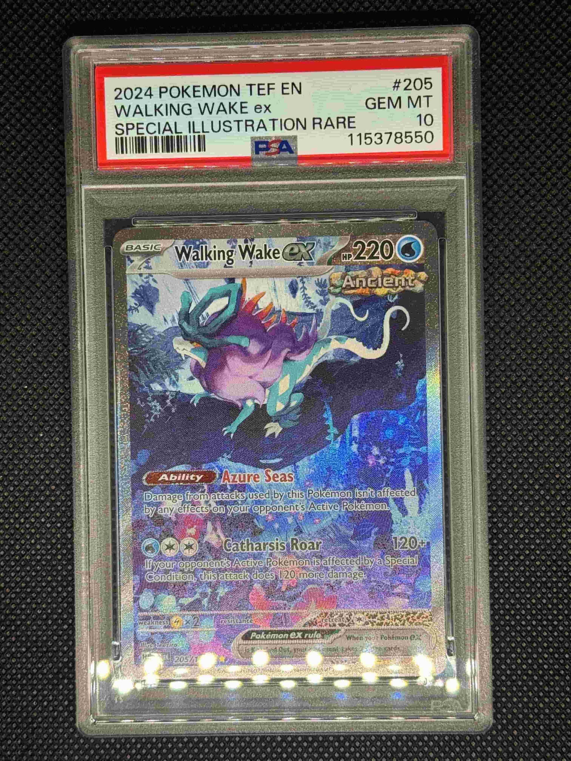 Walking Wake ex SIR in a PSA 10 slab with the set, card number, ID, and barcode.